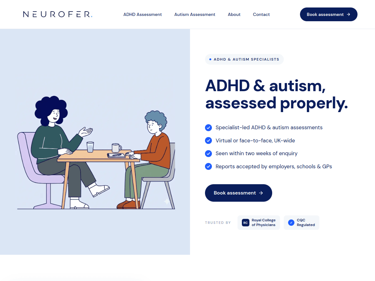 Neurofer website homepage, ADHD and autism assessment clinic